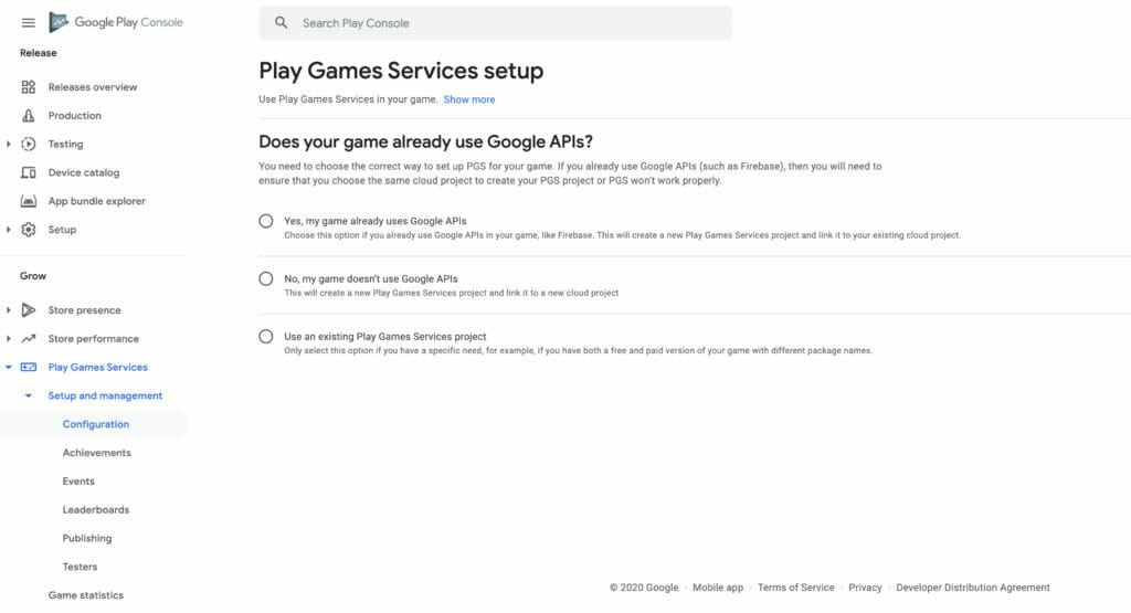 Screenshot of Play Game Services API Questions