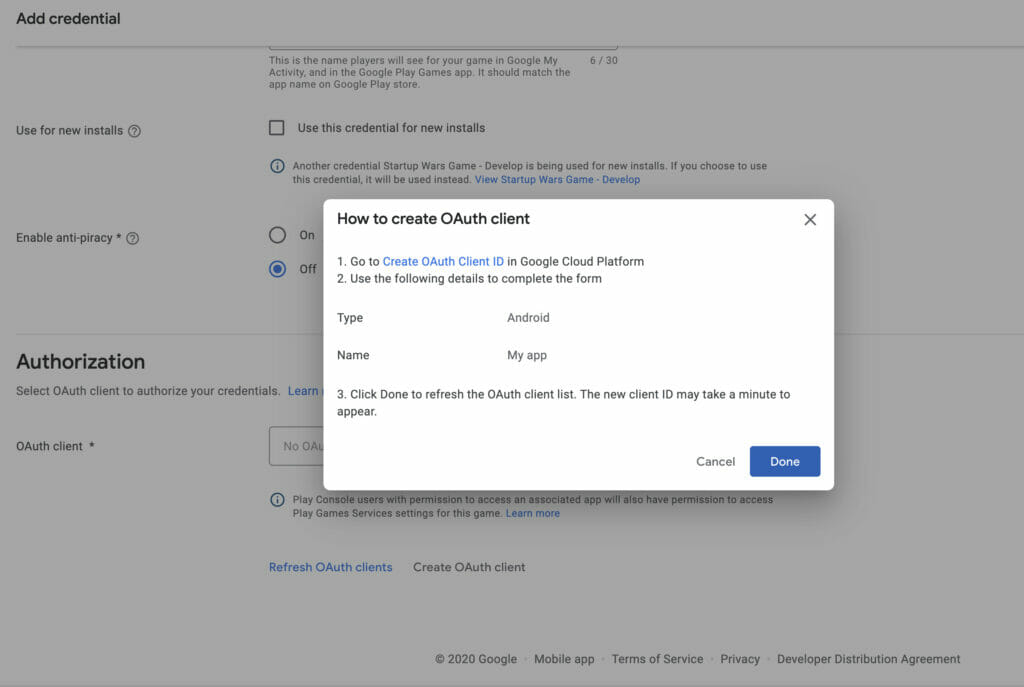 Screenshot How to Create oAuth Client in Google Play Services