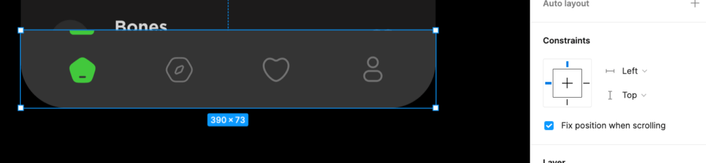 Bottom navigation menu selected, On Constraints option within design menu, Fixed position option is selected. 