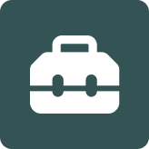 Icon of a toolbox featuring a white toolbox symbol on a dark green square background with rounded corners, representing tools, maintenance, or settings.