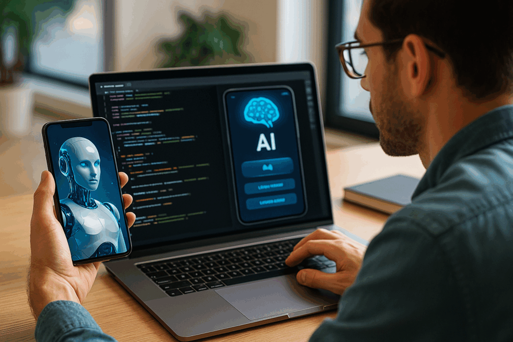 "Male developer working on a laptop with AI code on screen while holding a smartphone displaying a humanoid robot, symbolizing artificial intelligence development."