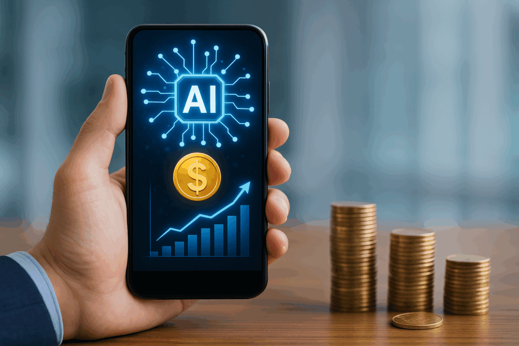 Hand holding a smartphone displaying an AI and finance graphic with a dollar symbol, bar chart, and upward trend arrow. Stacks of gold coins are placed on a wooden desk in the background.