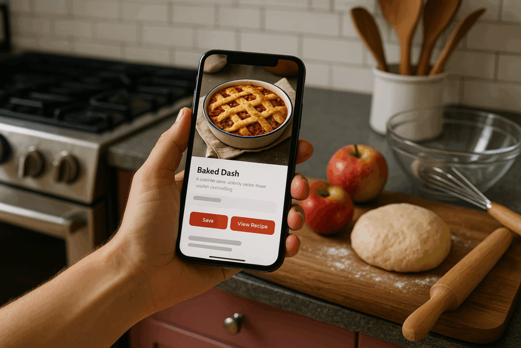 A person holds a smartphone in a kitchen, displaying a recipe app with an image of a baked pie titled “Baked Dash.” On the counter are apples, a ball of dough on a wooden board, a rolling pin, and a whisk in a glass bowl.