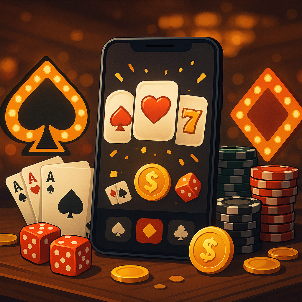 "A smartphone displaying a casino slot game with a winning combination of heart, spade, and number seven, surrounded by poker chips, dice, playing cards, and golden coins on a wooden table."