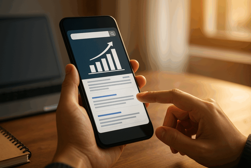 A person holds a smartphone displaying a bar chart with an upward arrow, symbolizing growth. The phone also shows text and graphical content, with the user’s finger about to tap the screen. A blurred laptop and notebook are on the desk in the background.