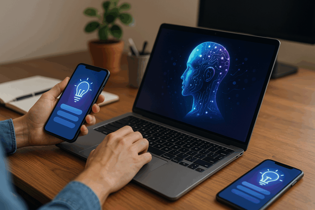 "Person using a laptop with a glowing digital illustration of a human head filled with neural connections on the screen, while holding a smartphone app interface showing a lightbulb icon representing ideas and innovation."