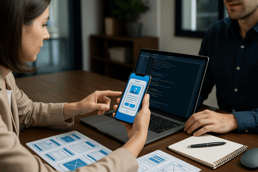 Two people sit at a table reviewing a mobile app design. One person holds a smartphone displaying a wireframe-style app screen while pointing at it, and the other has a laptop with code open. Wireframe sketches and a notebook with a pen are also on the table.