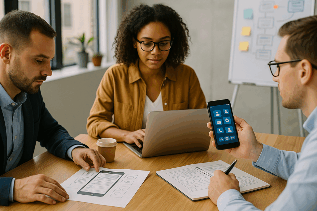 Three colleagues sit at a desk collaborating on app design. One person holds a smartphone showing an app interface, another is taking notes on a wireframe sketch in a notebook, and a third works on a laptop. Printed wireframes and a coffee cup are also on the table.
