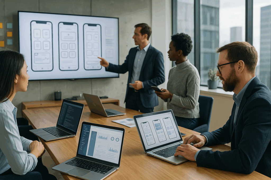 A group of professionals sit around a conference table during a design meeting. A large screen at the front displays wireframe mockups of mobile app screens. Team members work on laptops, review app layouts, and discuss the interface, while one presenter points at the screen.