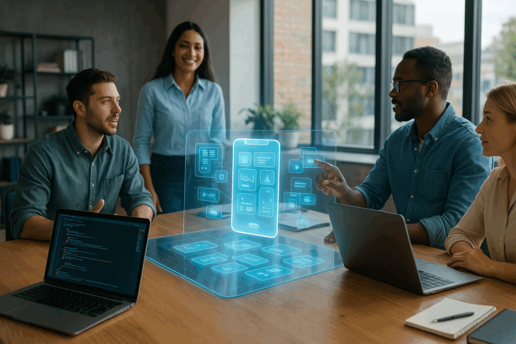 "Group of diverse colleagues collaborating around a table with laptops, discussing a holographic interface of a smartphone app projected in the air, representing futuristic technology design."