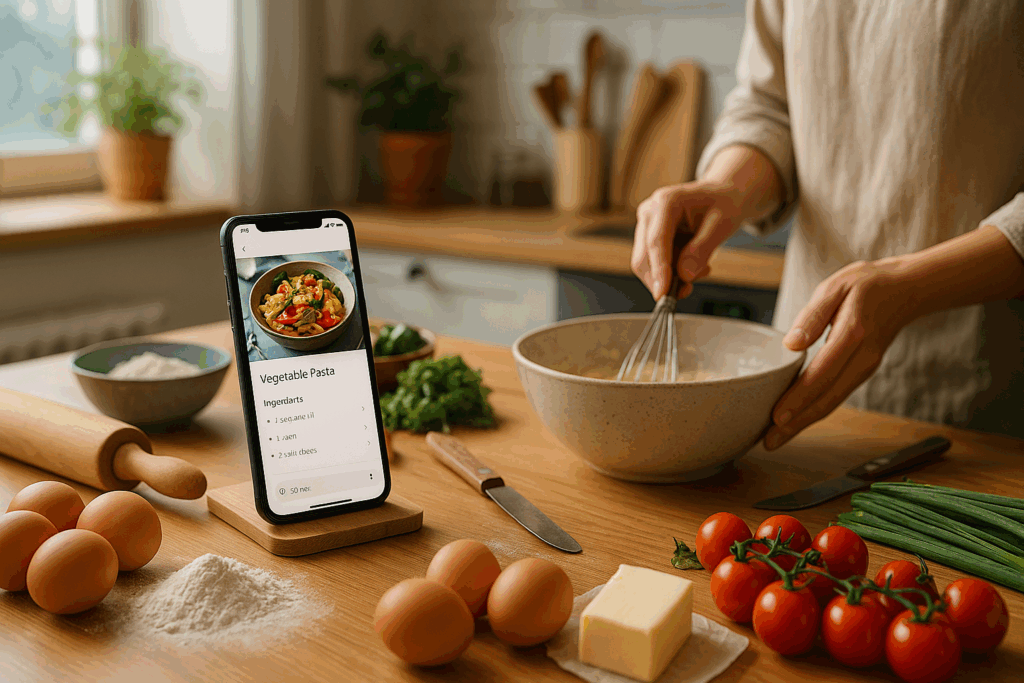 A smartphone stands upright on a kitchen counter displaying a recipe for “Vegetable Pasta.” In the background, a person is whisking ingredients in a mixing bowl. Fresh produce including tomatoes, green onions, eggs, flour, and a block of butter are arranged neatly on the counter.