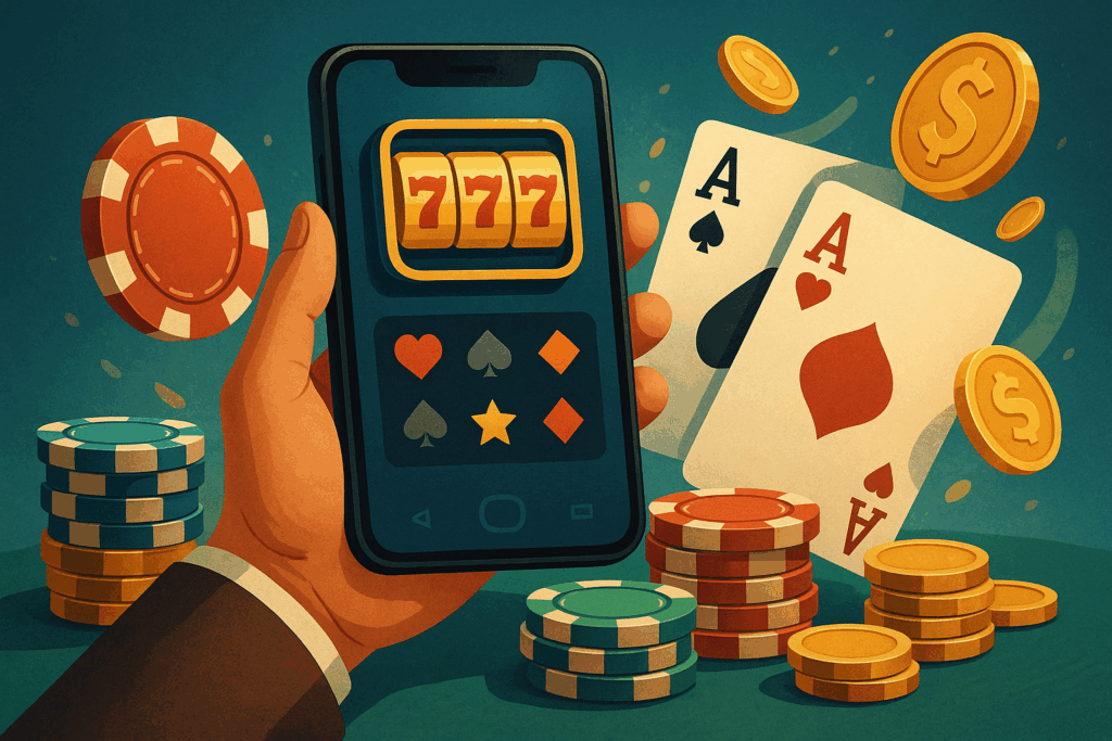 "Hand holding a smartphone showing a slot machine with triple sevens, surrounded by poker chips, playing cards with aces, and flying golden coins."