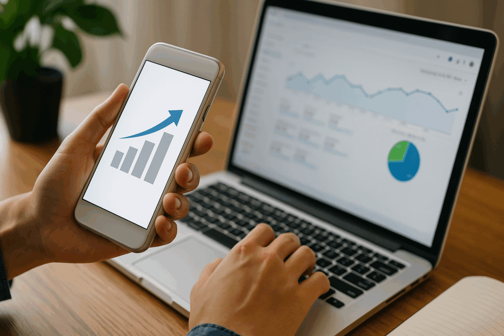 Hand holding a smartphone showing a rising bar chart, while the other hand types on a laptop displaying analytics dashboards—illustrating tech-driven productivity.