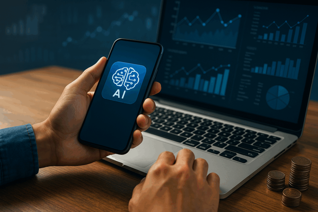 Person holding a smartphone with an AI brain icon on the screen while working on a laptop showing financial graphs and charts. Several stacks of coins are on the desk nearby.