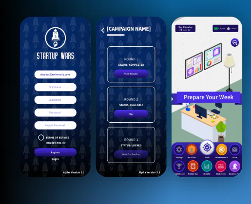 Three mobile UI screens from the Startup Wars business simulation game.