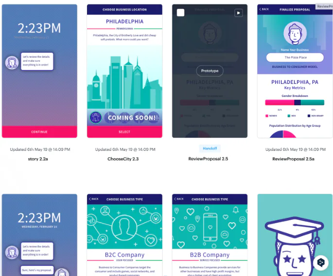 Startup Wars UI mockups showing business location selection, business type, proposals, and business plan screens.