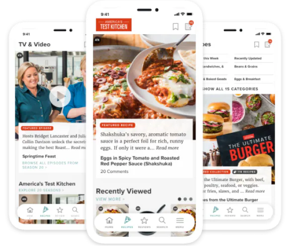 This is an image showcasing the in-app interface of America's Test Kitchen, featuring a clean, user-friendly layout. The screen displays sections for TV & Video, Featured Recipes, and Recently Viewed items. Highlights include a video thumbnail from a cooking show episode, a detailed recipe for 'Eggs in Spicy Tomato and Roasted Red Pepper Sauce', and a preview for 'The Ultimate Burger', all set against a structured, well-organized menu to enhance user engagement and recipe exploration.