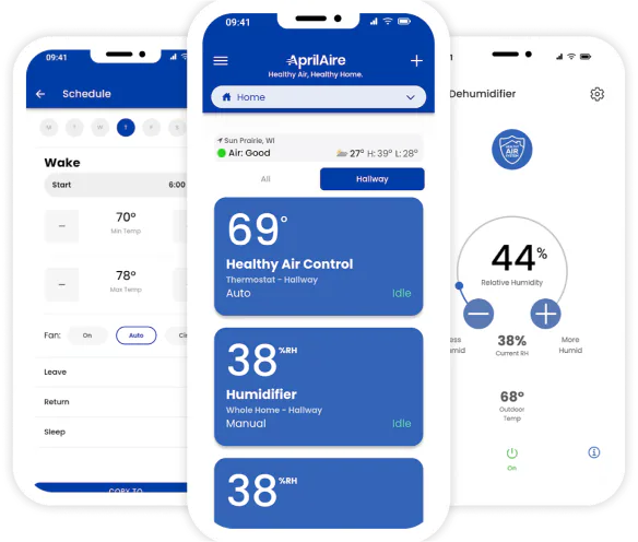 A image showcasing the AprilAire mobile in-app design and interface with features such as Healthy Air Control and Dehumidifier settings displayed on two smartphones. The app provides users with options for managing indoor air quality settings remotely, emphasizing convenience and enhanced air health in homes.