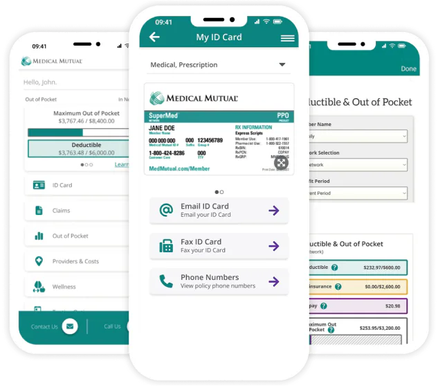 Med Mutual app screen showing ID card, deductible, claims, and wellness tabs.