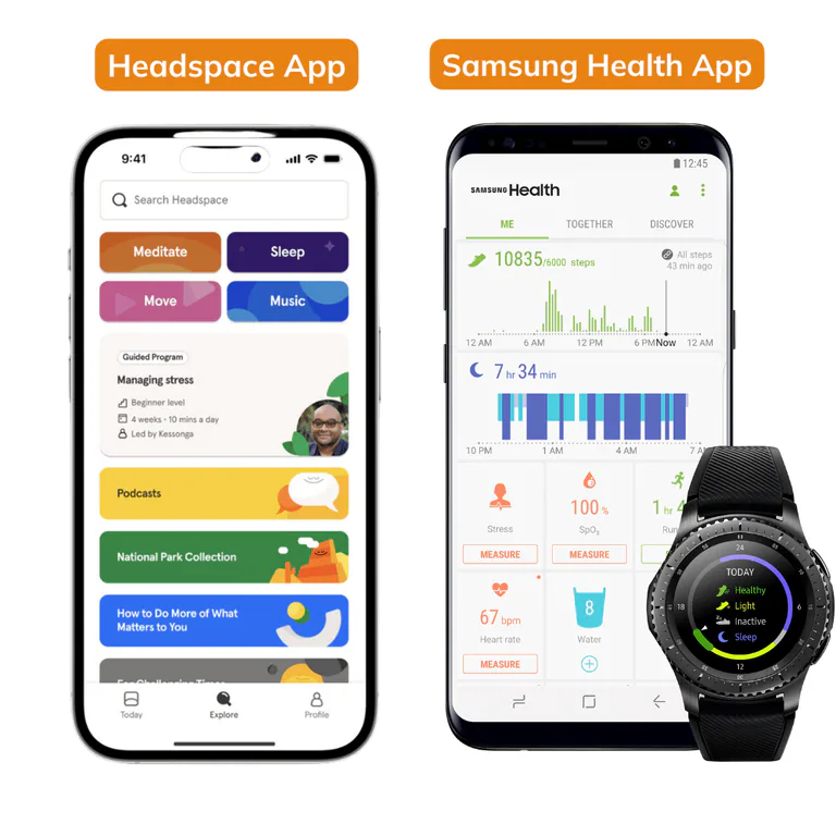 Comparison of Headspace and Samsung Health apps displayed on smartphones. The left side shows the Headspace app with colorful icons for meditation, sleep, movement, and music, and features a section for guided stress management programs. The right side presents the Samsung Health app displaying daily step count, activity levels, sleep duration, and heart rate monitoring, along with a smartwatch interface showing health metrics. Both are healthcare mobile apps.