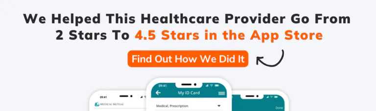 A professional CTA (Call to Action) blog banner by OpenForge, highlighting the improvement of a healthcare provider's app rating from 2 to 4.5 stars in the App Store. The banner features the Medical Mutual ID card app interface and includes the call-to-action text "Find Out How We Did It" with an arrow.