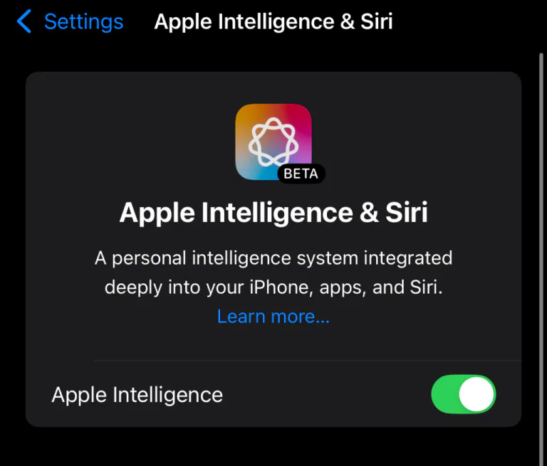 Apple Intelligence & Siri settings screen on iPhone, showing a toggle to enable Apple’s personal intelligence system integrated with iPhone, apps, and Siri, in beta version.