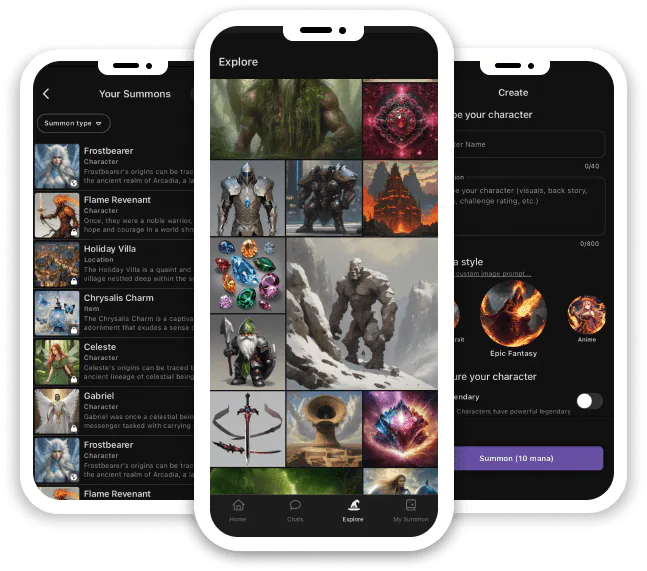 three phones screens featuring list of summons, character creation, and explore page