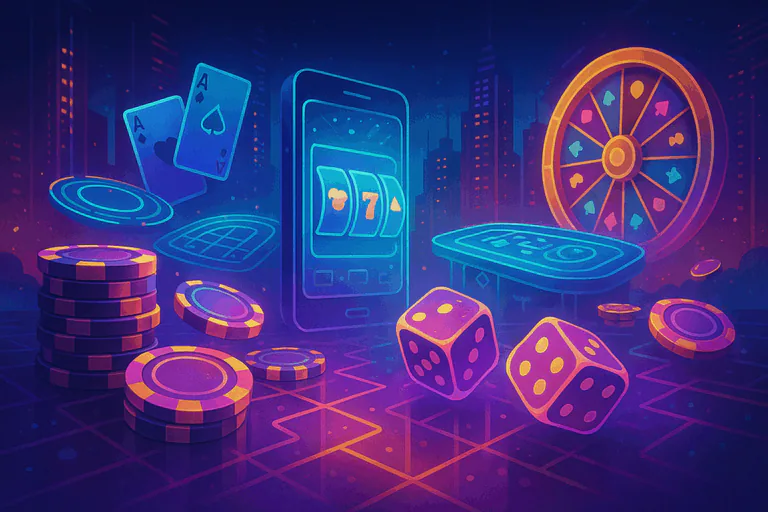 "Futuristic neon-styled digital casino scene with glowing slot machine, dice, poker chips, playing cards, and a roulette wheel set against a vibrant cityscape background."