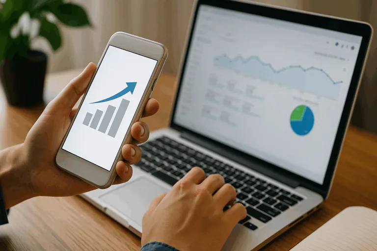 Hand holding a smartphone showing a rising bar chart, while the other hand types on a laptop displaying analytics dashboards—illustrating tech-driven productivity.