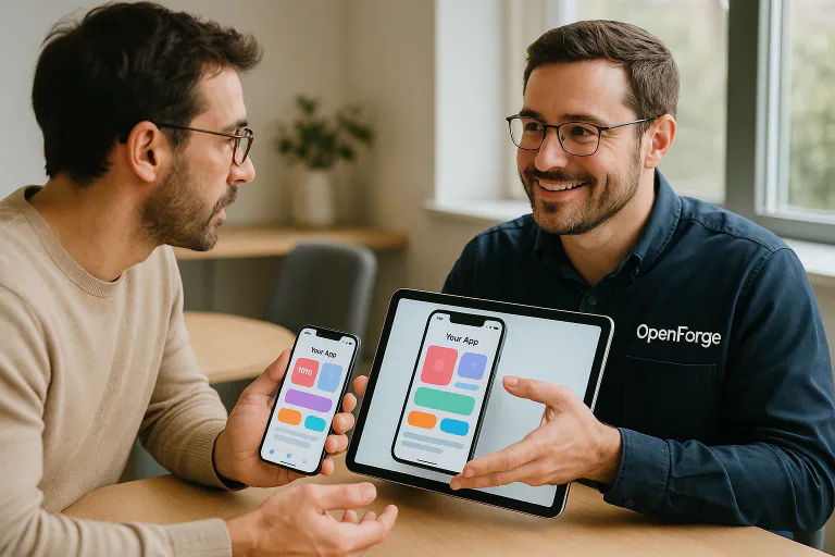 Founder reviewing prototype with OpenForge consultant