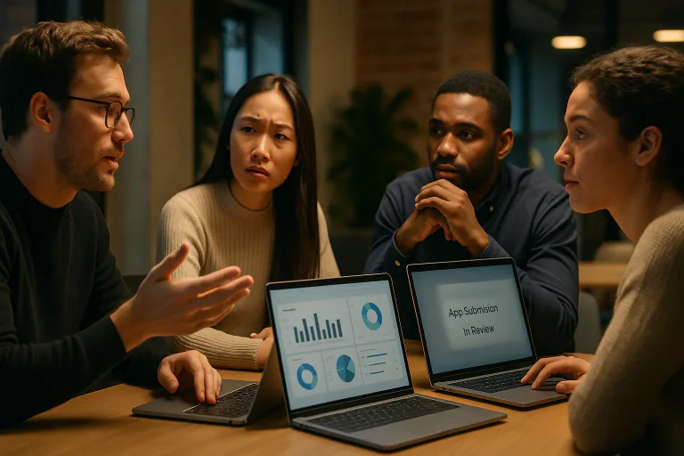 Small team discussing app roadmap and compliance review