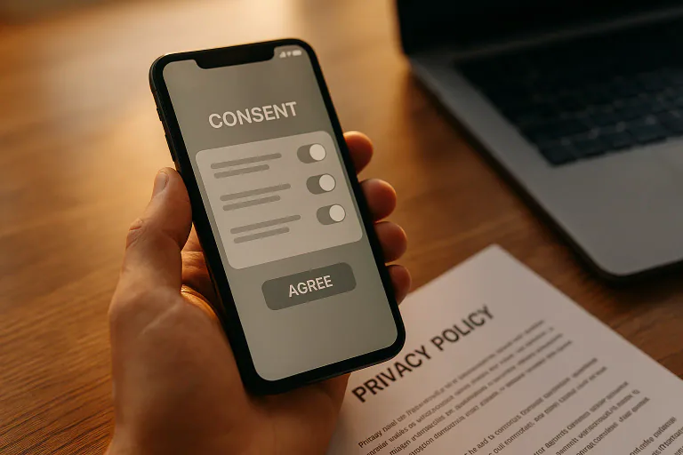 Person holding phone with generic data consent prompt