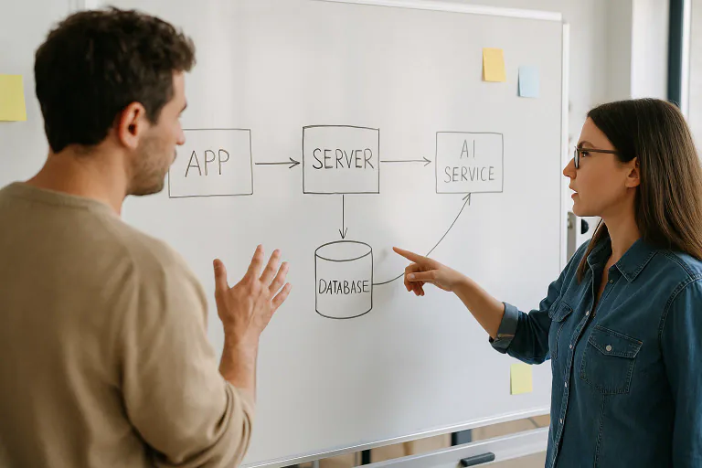 Team planning AI data flow on office whiteboard - app store review guidelines