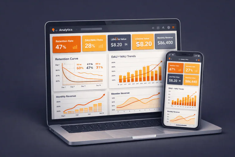 Mobile app analytics dashboard showing retention, DAU/MAU, and revenue growth metrics on a laptop and a smartphone.