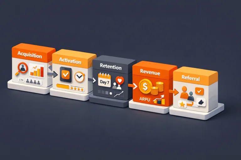 Mobile app growth metrics framework showing acquisition, activation, retention, revenue, and referral stages