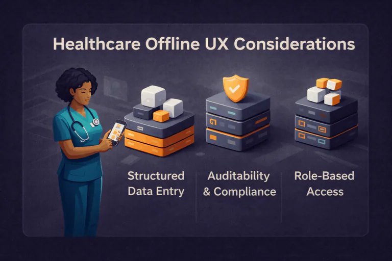Healthcare offline mobile app UX showing structured data entry, compliance, and role-based access