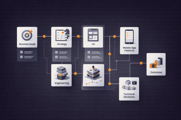 Diagram showing business goals flowing into mobile app UX, features, and technical decisions