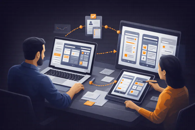 UX designer and developer collaborating on a mobile app interface with wireframes and usability testing