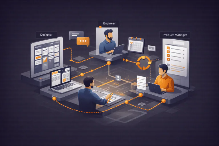 App development team workflow showing designers, engineers, and product managers collaborating through sprints and timelines