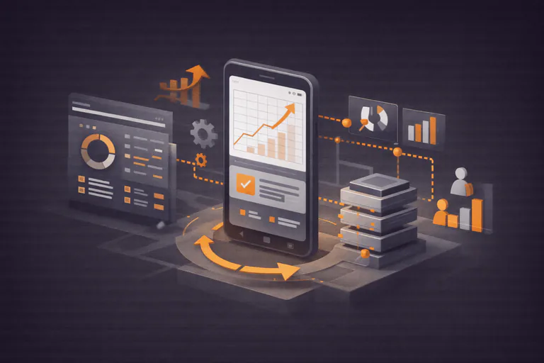 Mobile app growth and scalability illustration showing performance metrics, infrastructure layers, and user growth