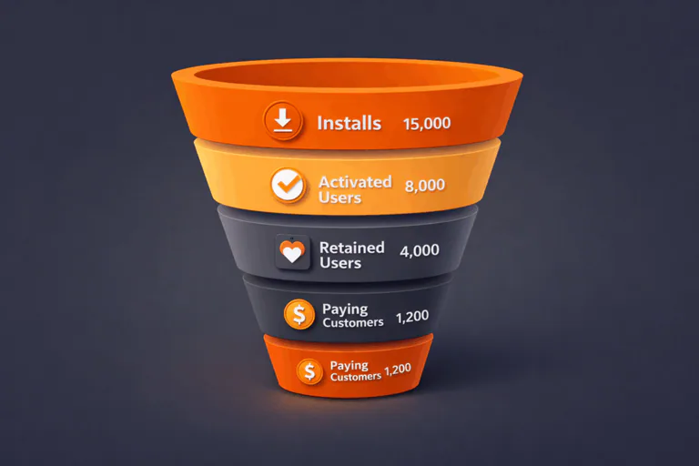 Mobile app growth funnel showing user journey from installs to paying customers