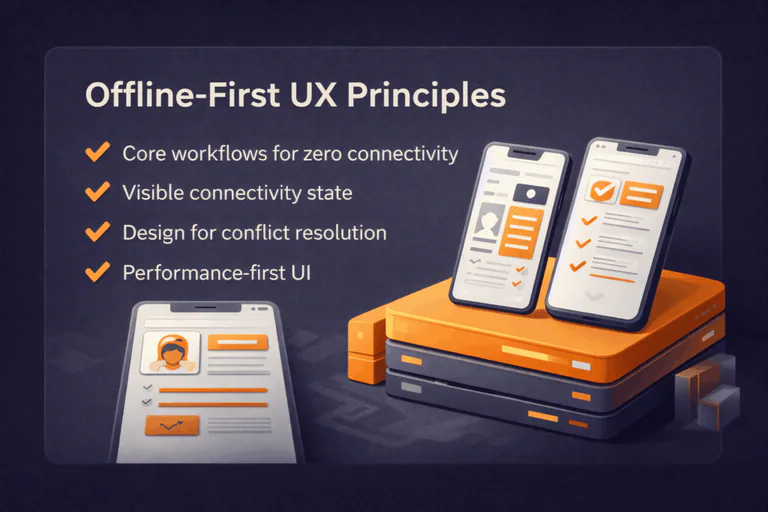 Offline-first mobile app UX principles including zero-connectivity workflows, sync visibility, and performance-first design