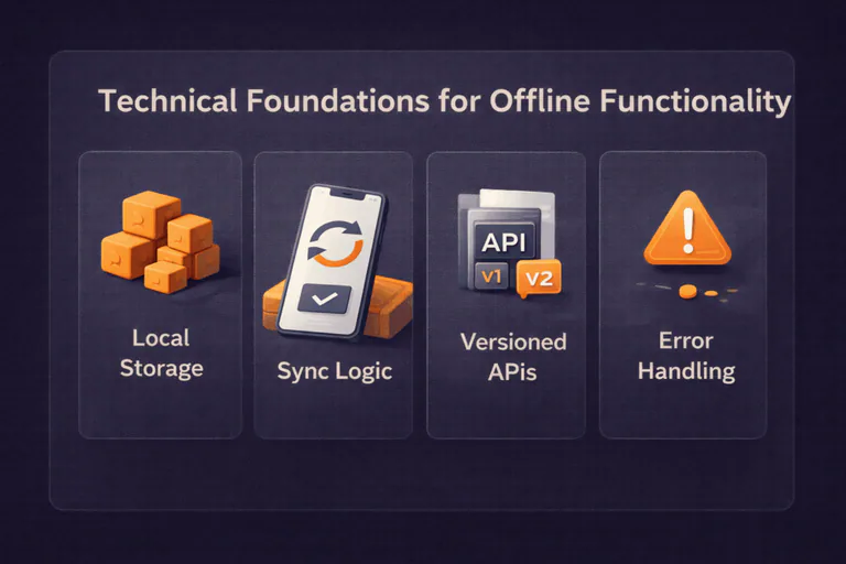 Technical foundations of offline mobile apps including local storage, data sync, versioned APIs, and error handling