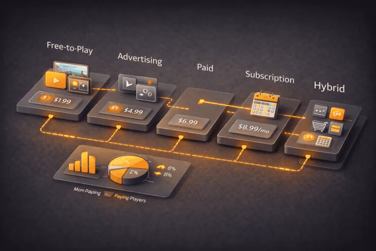 Comparison of free-to-play, ad-based, subscription, paid, and hybrid mobile game business models