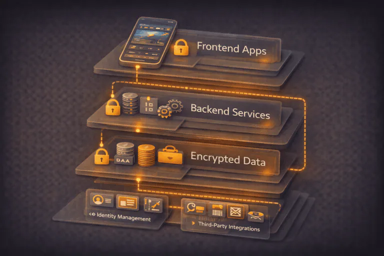 Secure fintech app architecture showing layered systems, encryption, and access control