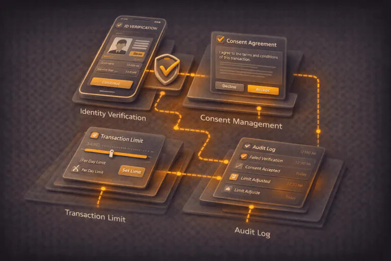 Fintech app UX showing compliance features such as KYC, consent, and transaction controls