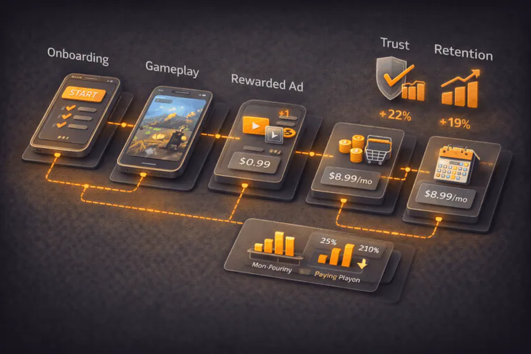 Mobile game monetization flow showing how ads and in-app purchases impact player experience and trust