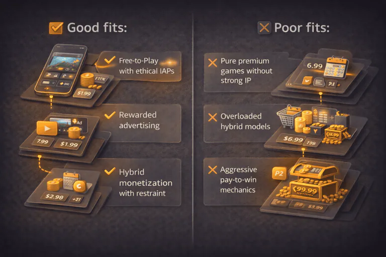 Comparison showing when different mobile game business models are effective or risky