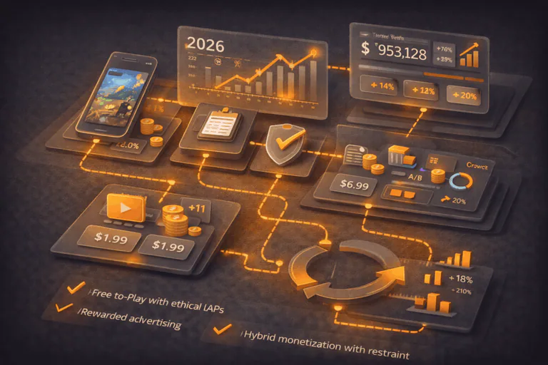 Mobile game studio planning monetization strategy with analytics, retention, and revenue metrics