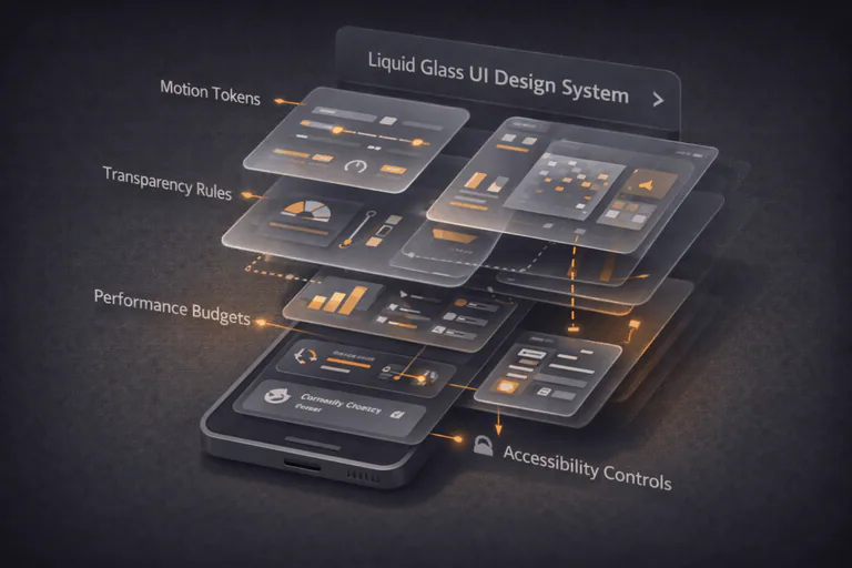 Liquid Glass design system showing motion tokens, performance constraints, and accessibility considerations